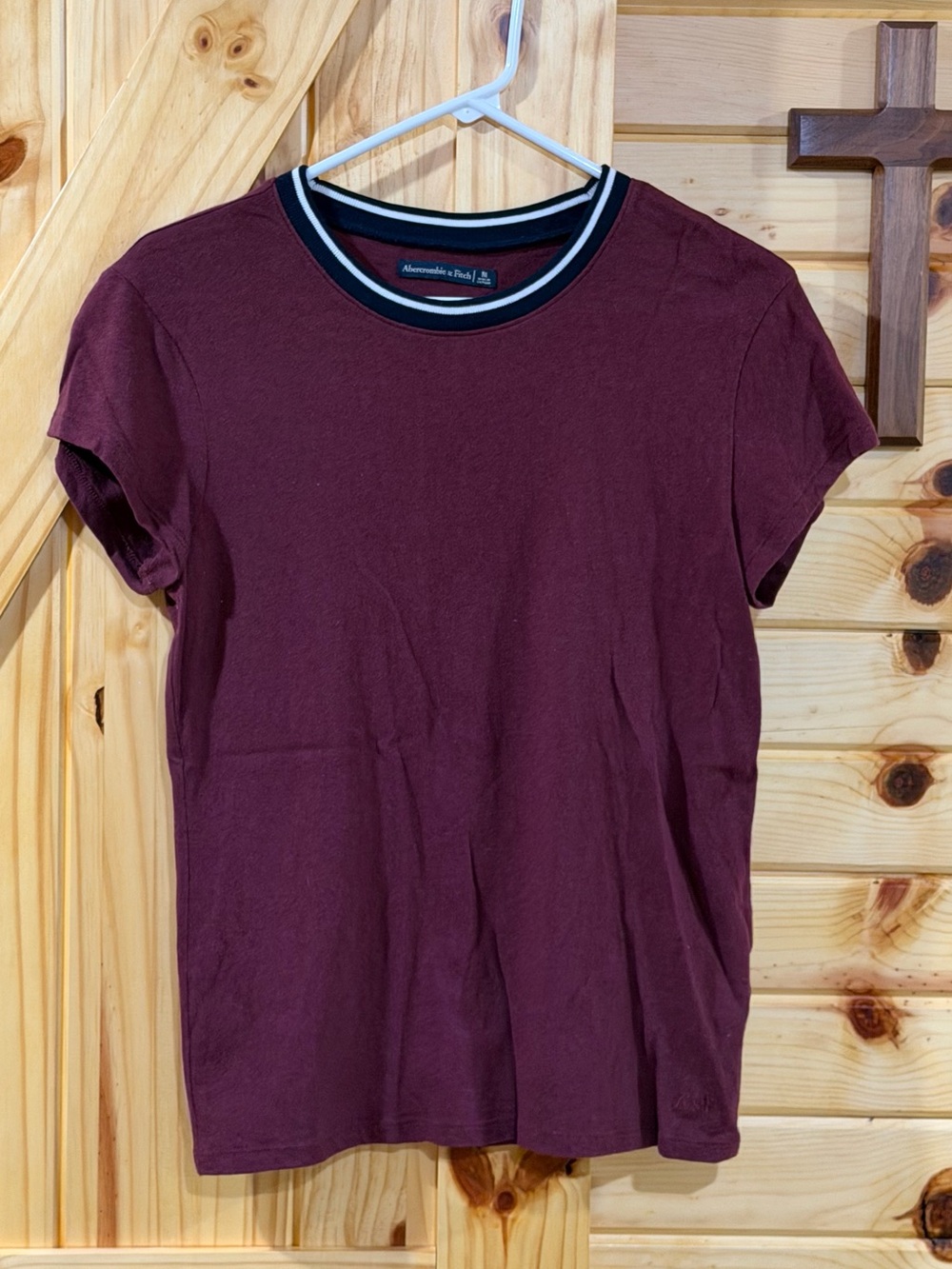 Abercrombie & Fitch Women's Short Sleeve Tee - Burgundy with Black & White Trim